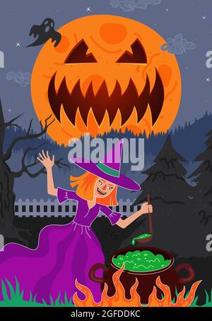 Witch brews magic poisonous in cauldron in night forest. Happy Halloween holiday greeting card. Monster jack scary spooky pumpkin face on moon. All Saints Day celebration eve poster. Evil fairy vector Stock Vector