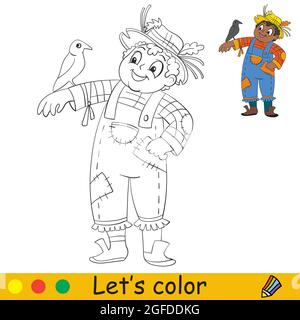 Funny boy in a scarecrow costume with a crow. Halloween concept. Coloring book page for children with colorful template. Vector cartoon illustration. Stock Vector