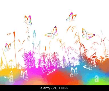 multicolored grass with flowers. Rainbow butterflies in the meadow. Mixed media. Vector illustration Stock Vector