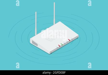 Isometric white wireless internet router isolated on green background Stock Vector