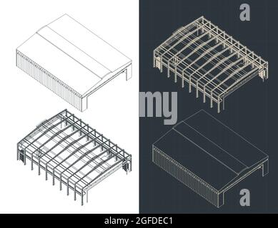 Stylized vector illustration of isometric blueprints of large industrial hangar Stock Vector