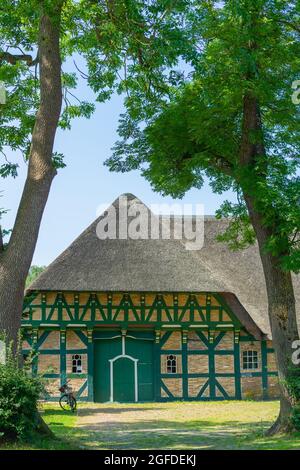 Traditional farm house in the country town Süderstapel on the Treene River, landscape Stapelholm, Federal State of Schleswig-Holstein, North Germany Stock Photo