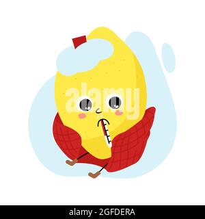 Sad cartoon character lemon caught cold. Funny citrus fruit with thermometer, cold compress and plaid. Cool kawaii mascot for packaging design Stock Vector