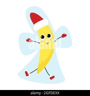 Funny cartoon banana character in red santa hat. Cool winter kawaii fruit. Creating a snow angel. Happy Christmas or New Year mascot for a brand Stock Vector