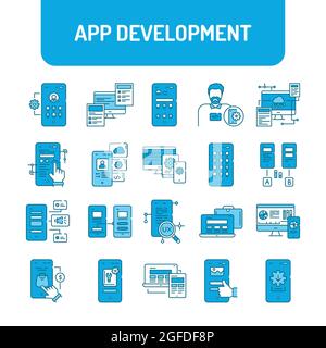 App development color line icons set. Creating and using a mobile application. Pictograms for web page, mobile app, promo. UI UX GUI design elements. Stock Vector