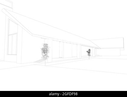 House exterior contour with small trees from black lines isolated on white background. Vector illustration. Stock Vector