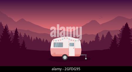 wanderlust camping adventure in the wilderness with camper Stock Vector