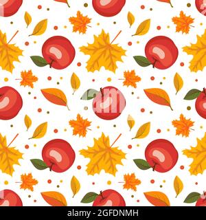 Autumn seamless pattern with maple leaves and red apples. Harvest and fall print Stock Vector