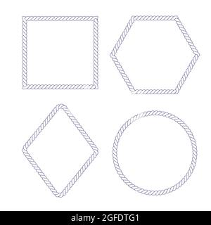 Rope frames set vector illustration. Collection of shapes isolated on the white background. For decoration and design in marine style Stock Vector