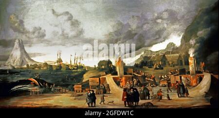 The Whale-oil Refinery near the Village of Smerenburg, Cornelis de Man, 1639 oil on canvas, 108m × 205, Dutch, The Netherlands,  Smerenburg on the Norwegian island of Spitsbergen was a settlement of Dutch whalers. As the painter never went there, he combined familiar images and stories in this work. The mountain at the left is probably on Jan Mayen Island. Strips of whale blubber are boiled and rendered into train (whale) oil in the numerous try-pots on the beach. The men’s barracks are visible in the right, Stock Photo