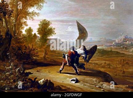 Jacob Wrestles with the Angel 1639 by Bartholomeus Breenbergh, Dutch, The Netherlands, (Jacob wrestles with the angel. Along the way are Jacob's cloak and staff, a city in the distance on the right.) Stock Photo