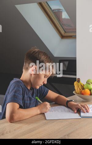 Kid boy doing homework at kitchen table with book Stock Photo