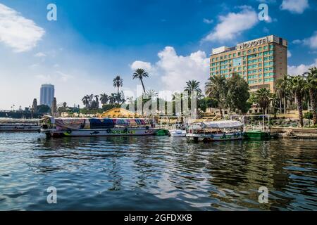 Cairo  Egypt - Jan 31, 2020:The touristic boats on Nile river in Cairo city, Egypt. Stock Photo