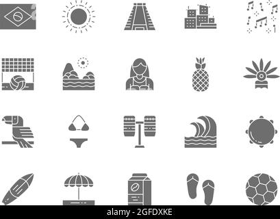 Set of Brazilian Culture Grey Icons. Tropical Fruits, Beach Landscape, Toucan, Sun, Ancient Pyramid, Percussion, Surfboard, Soccer and more. Stock Vector