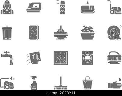 Set of Cleaning Grey Icons. Housewife, Iron, Towel, Sponge, Bucket and more. Stock Vector