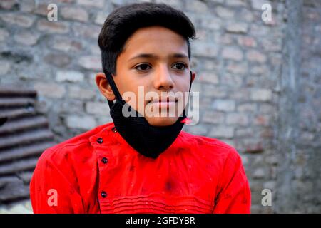 13 years old Asian cute boy wearing protective mask, prevention of Corona virus (Covid -19) and pollution. Stock Photo
