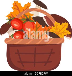 Basket with mushrooms, maple leaves and rose hips. Autumn harvest in the forest Stock Vector