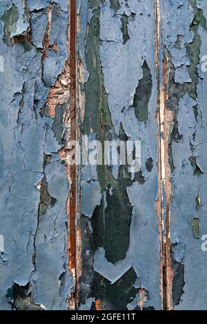 Closeup of the wooden door with scratched and cracked blue paint, useful as a background Stock Photo