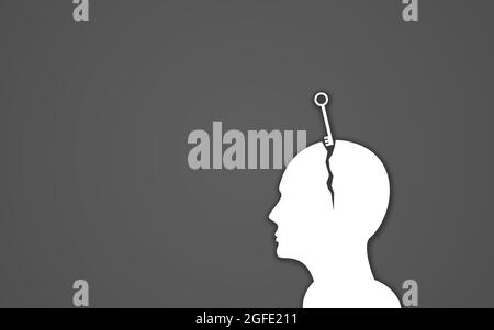 Human Head Opened With A key. idea key concept. Grey background with broken head Stock Photo