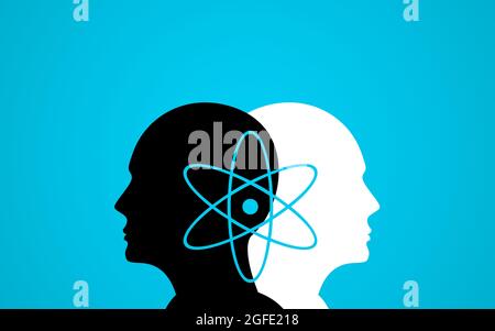 Two Human Head sharing a science symbol. Exchange valuable information and Knowledge Concept. Black nd white head on blue background Stock Photo