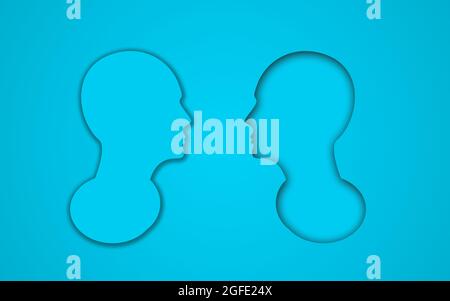 two paper cut head face to face in blue background, Different human heads perspective. One with Interior Shadow and other with exterior shadow. Concep Stock Photo