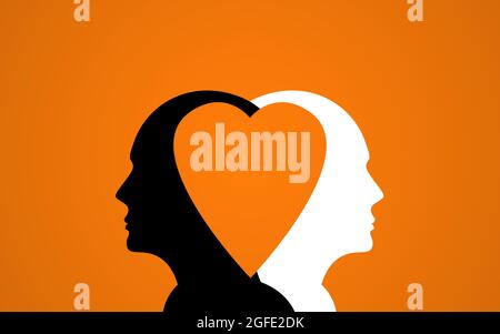 Two Human Heads united by heart in Orange Background. diversity and solidarity and mental health Concept Stock Photo