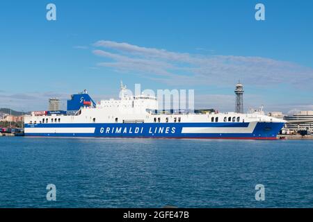 Grimaldi's Eurocargo Bari ship docked in the port of Barcelona on December 20, 2020. Stock Photo