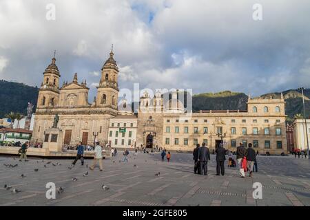 BOGOTA, COLOMBIA - SEPTEMBER 23, 2015: Bolivar square in the center of Bogota. Cathedral also present. Stock Photo
