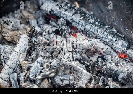 Burning coals close up, background top view Stock Photo