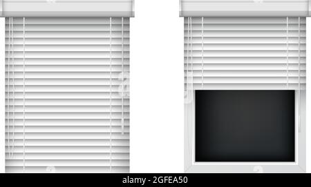 Closed and open horizontal window blinds. Realistic plastic window shutters, front view. Vector jalousie mockup for interior decoration design Stock Vector