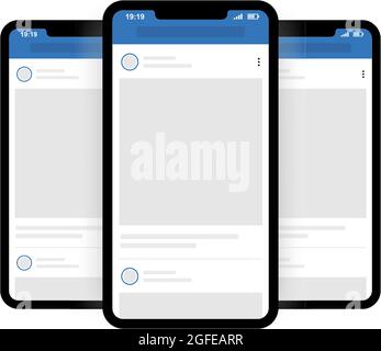 Kyiv, Ukraine - August 1, 2021: Realistic phone presentation with Facebook interface. Smartphone with UI, UX interface mockup template. Facebook web Stock Vector