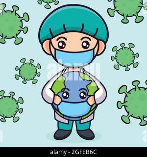 Cute doctor holding earth vector illustration isolated on white background. Doctor cartoon illustration. Stock Vector