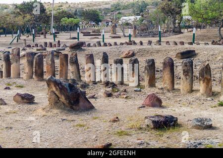 Archeological site El Infernito with a collection of stone menhirs. Villa de Leyva town, Colombia. Stock Photo