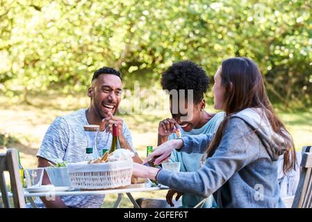 Smiling young friends having food in park Stock Photo