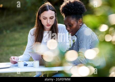 Young female friends using digital tablet while studying in park Stock Photo
