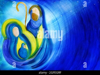 Bethlehem nativity scene. Abstract watercolor Christmas scene illustration representing the holy family with Joseph Mary and baby Jesus. Copy space Stock Photo