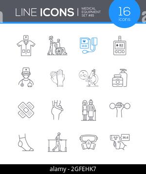Medical equipment - modern line design style icon set. Body care compilation. Problems, research, diagnosis, treatment, disease, temperature, pregnanc Stock Vector