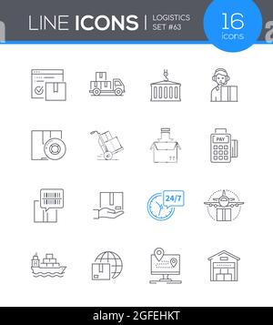 Logistics - modern line design style icon set. Images with simple lines. Collection is dedicated to the packaging, loading and delivery of various goo Stock Vector
