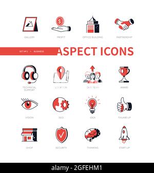 Business - modern line design style icon set with red flat elements. Management and marketing idea. Office building, benefit, partnership, team, start Stock Vector