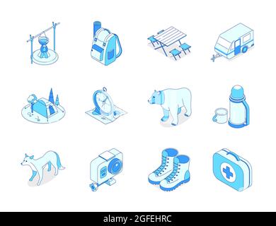 Lets go camping - modern line design style icons set. In the wild, you need to be careful. Do not forget to pack your first aid kit, boots, tent, came Stock Vector