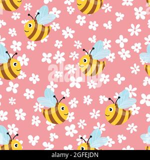 Seamless pattern with bees and flowers on color background. Small wasp. Vector illustration. Adorable cartoon character. Template design for Stock Vector