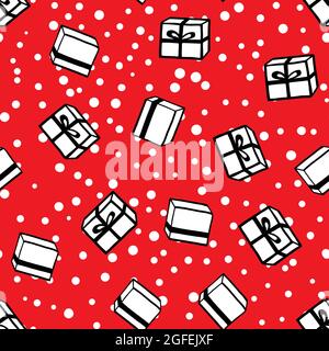 Holiday seamless pattern with present on red background. Vector illustration for Birthday, Merry Christmas, New year. Template design for invitation Stock Vector