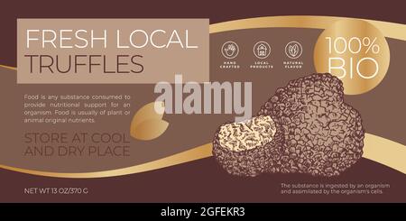 Fresh Local Mushrooms Label Template. Abstract Vector Packaging Horizontal Design Layout. Modern Typography Banner with Hand Drawn Truffles Sketch Stock Vector