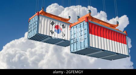 Freight containers with South Korea and Indonesia national flags. 3D Rendering Stock Photo