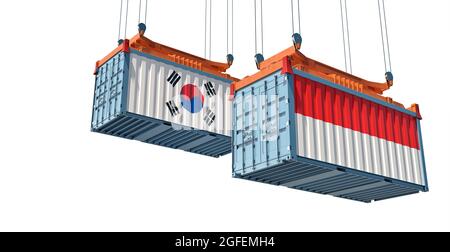 Freight containers with South Korea and Indonesia national flags. 3D Rendering Stock Photo