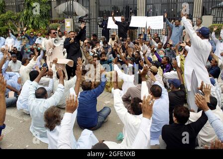 Terminated Employees of Sui Southern Gas Company (SSGC) are holding protest demonstration against administration, outside SSGC Office in Karachi on Wednesday, August 25, 2021. Stock Photo