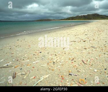 The shell beach at Reef in the Isle of Lewis with the tide line strewn with colourful shells. Stock Photo