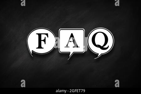 Frequently Asked question written in bubble speech on chalkboard.. FAQ 3D White Bubbles in blackboard Business help and support concept Stock Photo