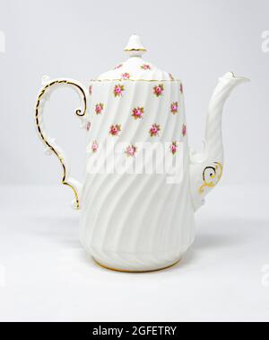 Beautiful Aynsley Coffee Pot in Hathaway Pattern, vintage bone china, floral ornament Stock Photo