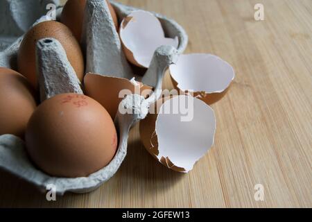 Brown speckled empty eggshells on the kitchen worktop Stock Photo
